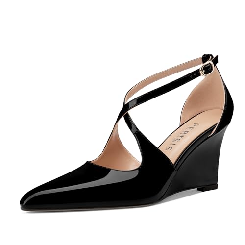 Women's Sexy Wedge Heels Pointed Close Toed Patent Leather Pumps Cross Strappy Wedges Pointy Pump Ankle Strap Buckle Comfortable Wedding Dressy Shoes