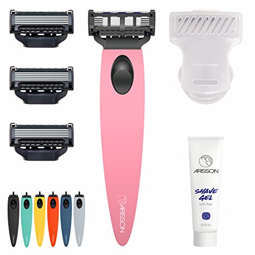 Arisson (アリソン) Razors 男性用 スウェーデン 5枚刃 カミソリキット - 人間工学に基づいたハンドル 4 x サージカルグレード シャープ ブレード リフィル バックトリマー付き シェービングジェル 1個 快適なシェービングのためのビタ