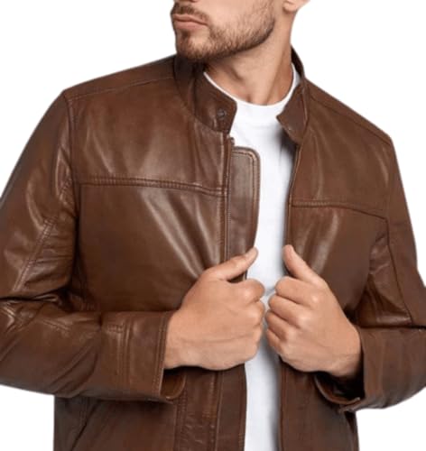 Men's Genuine Classic Lambskin Casual Leather Modern Fashionable Jacket, Smooth Biker Motorcycle, Stand Collar, Welt4