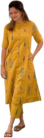 Women Cotton Hand Block Printed Office Wear A line Kurta with Pant