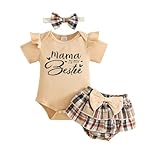 Eqenkely Neugeborene Baby Mädchen Sommer Outfit Rüschen Kurzarm Top+Tutu Röcke + Stirnband 3Pcs Cute Kleid Kleidungsset Beige+Karierte Shorts 12-18 Monate