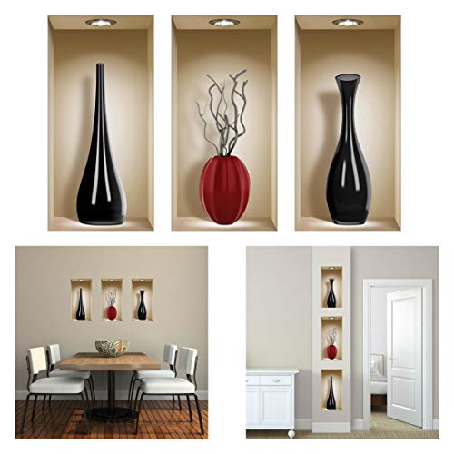 The Nisha Art Magic 3D Vinyl Removable Wall Sticker Decals Diy, Set Of 3, Black And Red Ceramic Vases #TOP1