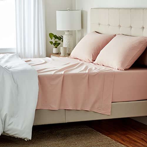Amazon Basics 4 Piece Breathable 100% Cotton Jersey Knit Bed Sheet Set, Includes Flat and Fitted Sheets, Pillowcase, Queen, Blush by Amazon Basics - Used condition - US$39.05
