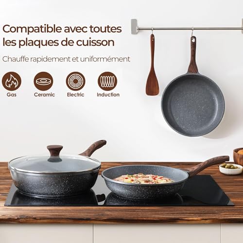 SENSARTE Lot de 3 Poêles Antiadhésives en Granit Tous Feux Induction – vue 4