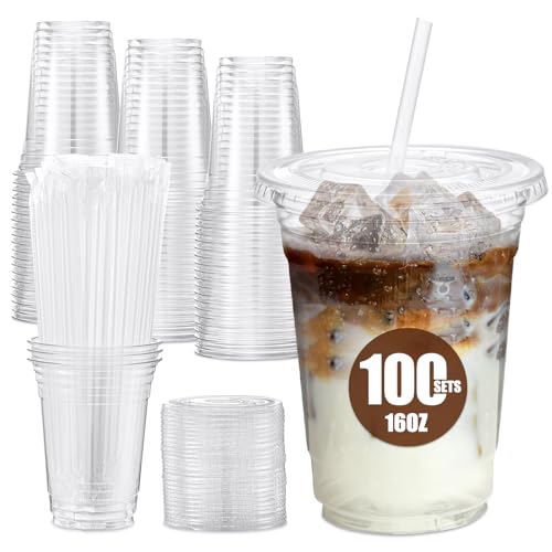 Glotoch Express Plastic Cups with Lids and Straws [100 Sets - 16oz] Disposable Clear Crystal Plastic Coffee Cups with Lids, BPA Free Small To Go Cold Cup for Cold Drinks, Milkshake, Juice, Party