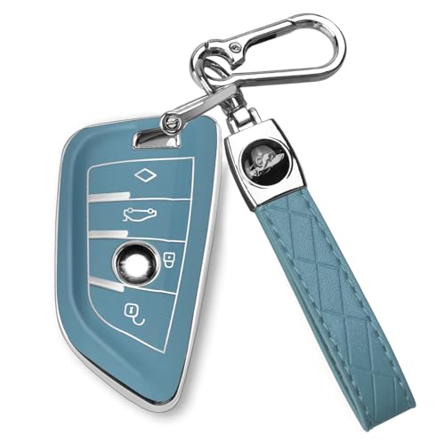 Image of QBUC for BMW Key Fob Cover with Leather Keychain | for BMW 2 5 6 7 Series X1 X2 X3 X5 X6 X7 Premium Soft TPU Key Fob Holder (1-Blue)
