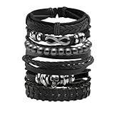 JJDreams 6pcs Faux Leather Bracelet Set Braided Hematite Beads Wide Wrap Band for Women Men