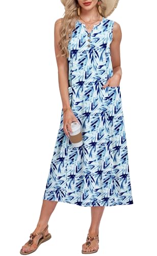 MOLERANI Women's Casual Maxi Dress Sleeveless V Neck Summer Button Down Dresses with Pockets 2026, Blue WT Leaves, XL