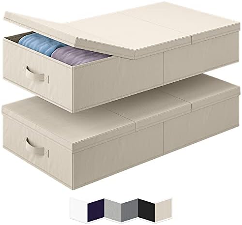 NEATERIZE Under Bed Storage Bins With Lids [Set of 2] Long Flat Stackable Underbed Storage Containers For Organizing Clothing, Shoes, toys, Blankets, and Linen. Garage Boxes. (Large-Beige)