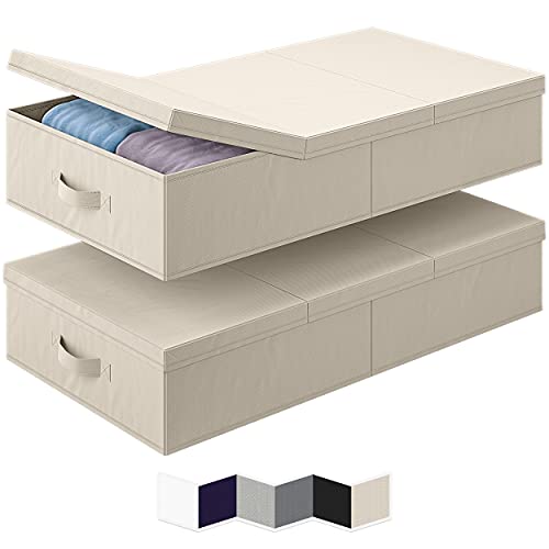 Neaterize Under Bed Storage Bins With Lids [Set Of 2] Long Flat Stackable Underbed Storage Containers For Organizing Clothing, Shoes, Toys, Blankets, And Linen. Garage Boxes. (Large-Beige) #TOP4