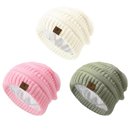Image of Zando 3 Pack Toddler Satin Lined Beanie Hat Baby Knitted Winter Hats for Boys Girls Soft Warm Silk Lined Infant Beanies Cap