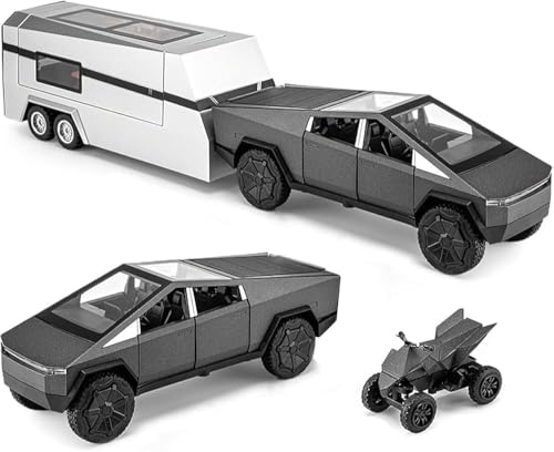 Image of Tesla Cybertruck Diecast Car 1:32 Scale | Metal Alloy Pickup Truck with Trailer, Sound & Light | Pull-Back Off-Road Toy Vehicle for Kids【Grey- Colour】