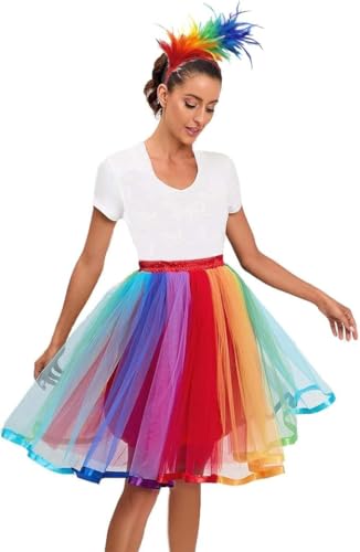 Regenbogen Tüllrock Damen Bunt – Karnevalskostüm Damen für Fasching, Bunter Tüllrock Regenbogen Rock, Petticoat Kostüm für Karneval, Clown Einhorn Outfit Erwachsene