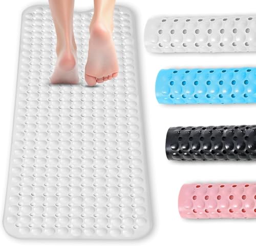 BASVII Tappeto Doccia Antiscivolo 100 x 40 cm, Senza BPA, Resistente Alla muffa Lavabile in Lavatrice, Tappetino Doccia Antiscivolo per Vasche da Bagno, Pavimenti del Bagno (Bianco)