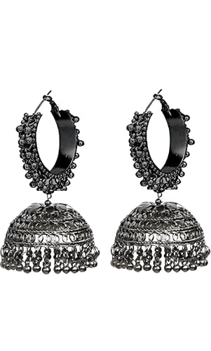 Oxidized Black Jhumka Earrings for Girls | Traditional Indian-Korean Fusion Hanging Earrings with Black Pearl, Bold Ethnic Design for Casual & Festive Wear