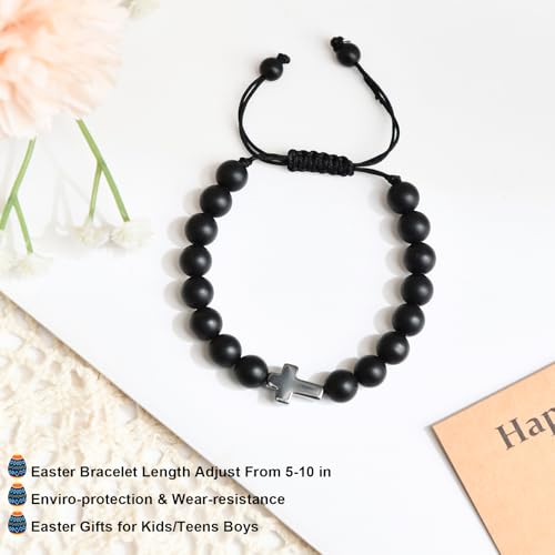 Image of Lamyba Easter Gifts for Kids /Teens /Girls, Christian Natural Stone Beaded Bracelets, Easter Basket Stuffers Essentials, Adjustable Cross Bracelets, Blue /Black