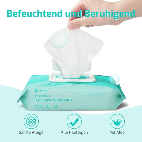 SUNKISS Trustplus Feuchttücher für Erwachsene, Extra Dick 20x30 cm Körperreinigungstücher mit Aloe für ältere Inkontinenz & Reinigung, 200 Stück (4 Packungen mit 50)
