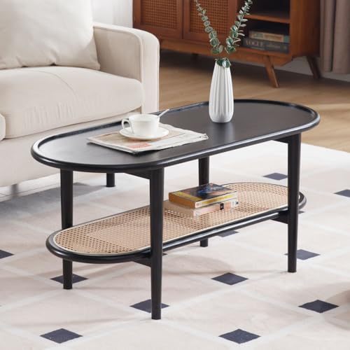 Ya-Home Wohnzimmertisch Holz mit Rattan Regal, Couchtisch...