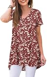Picture of POPYOUNG Women's Long Tunic Tops to Wear with Leggings Summer Short Sleeve Loose Fit Dressy Shirts M-5XL L, Plum Blossom-Red