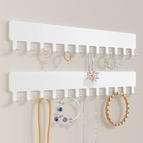 QinyOulhause Organizador de Joyas de Pared 2 piezas Colgador de Collares Pulseras Anillos y Pendientes con 12 Ganchos Soporte Mural para Exhibir Cadenas (Blanco)