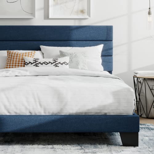 Sha Cerlin King Platform Bed Frame With Upholstered Fabric Headboard, Mattress Foundation With Strong Wooden Slats Support, No Box Spring Needed, Blue #TOP7