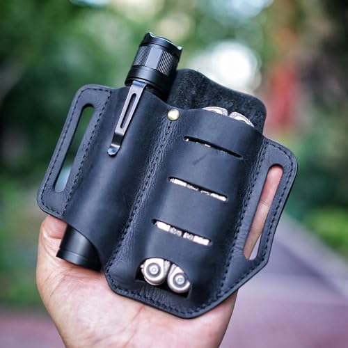 VIPERADE PJ8 EDC Lederscheide für Blet Messer/Werkzeug/Taschenlampe/Tactical Pen und EDC Zahnräder, Pocket EDC Organizer Lederscheide, Hademade 2 Pockets Belt Leder Slip Sheath (Schwarz)