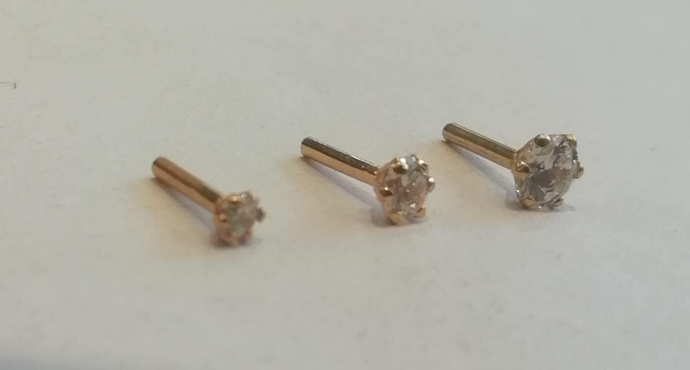 SJ 14K Gold Round-Shape Prong Setting White Cubic-Zirconia Nose Pin Stud with push Screw for Women & Girls
