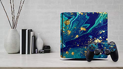 Zoomhitskins Ps4 Slim Skin, Compatible For Playstation 4 Slim, Gold Golden Dore Aqua Space Galaxy Comet, 1 Ps4 Slim Console Skin 2 Ps4 Slim Controller Skin, Durable & Fit, 3M Vinyl, Made In The Usa #TOP3