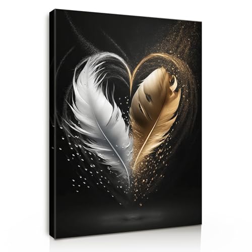 Wall Art Framed Canvas Elegant Golden & White Feather for Living Room Bedroom Office Wall Decor Pictures Wall Decor 12x16 Inch