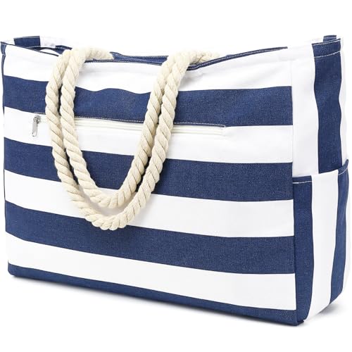 Large Beach Bag for Women, Waterproof Travel Tote Bag with Lunch/Wet Pocket for Weekender, Sandproof, Zipper Closure