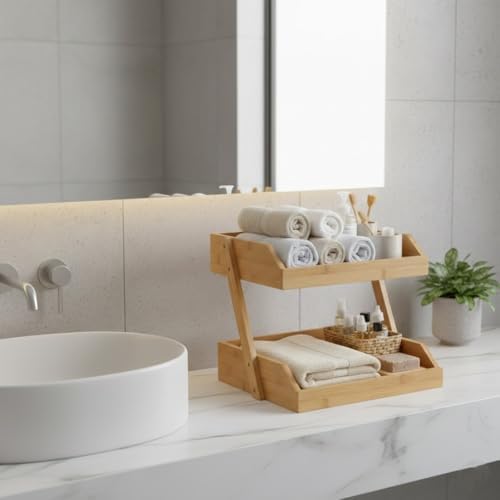 Orret Home Bambu 2 Katlı Çok Amaçlı Mutfak ve Banyo Organizer Raf | Dekoratif Meyvelik, Sebzelik, Baharatlık, Kozmetik ve Düzenleyici Stand | 26x32x23 cm - Görsel 3