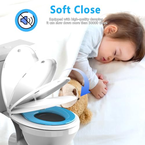Image of Aunsffer Toddler Toilet Seat with Potty Training Seat Round 16.5inch, 2 in 1 Toilet Seat for Family Built-in Baby Seat Removable, Soft Close + Easy Clean, PP Safe Material, Blue