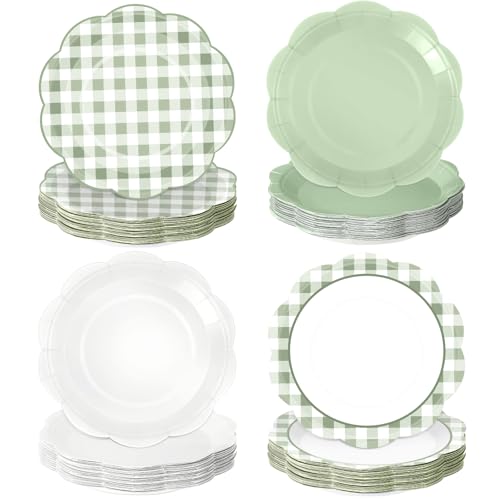 Funnymoom 100 Pcs Sage Green Gingham Paper Plates, 7 Inch Scalloped