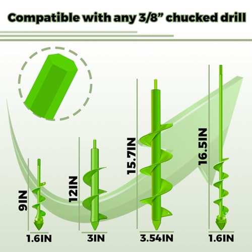 4 PCS Auger Drill Bit for Planting-1.6x9\",1.6x16.5\",3x12\",3.54x15.7\"Spiral Drill Auger-Garden Spiral Hole Drill for 3/8\" Hex Drive Drill-Bulb Flowers Planter Tool,Garden Auger for Bedding Plants - Thumbnail 3