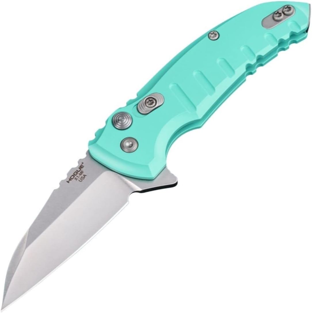 Hogue Elishewitz X1-Microflip 2.75" Folder CPM-154 Wharncliffe Blade Stone Tumbled Finish, Aluminum Frame Button Lock Manual Flipper Knife, Matte Aquamarine - 24163