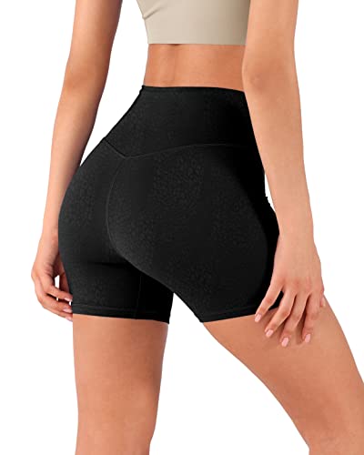 Ododos Women's 5" Crossover Yoga Shorts With Inner Pocket, High Waist Sports Athletic Workout Running Biker Shorts, Embossed Leopard Spots Black, Small #TOP2