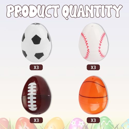 12 Pcs 2.3" Plastic Easter Eggs Empty Sports Balls Assorted Football Basketball Soccer Baseball Eggs Unfilled Balls Bulk for Easter Egg Hunt Birthday Party Favor Gifts Basket Stuffers Fillers