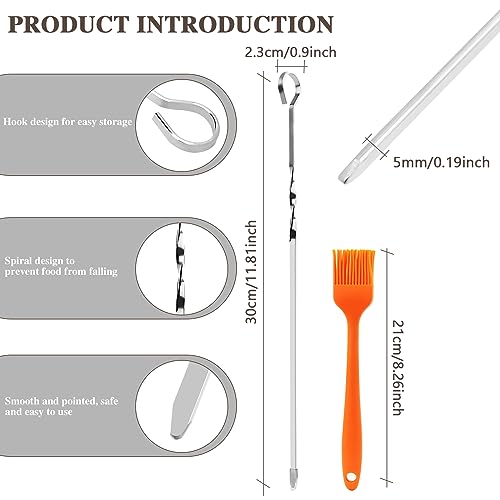 MXTIMWAN 20 Stück Edelstahl Grill Spieße, 30cm Grillspieße mit Silikonpinsel, Lange Grill Kabob Spieße, Fleischspieße mit Tragbarer Nylontasche für Lagerfeuer Oder Grillschale – Bild 3