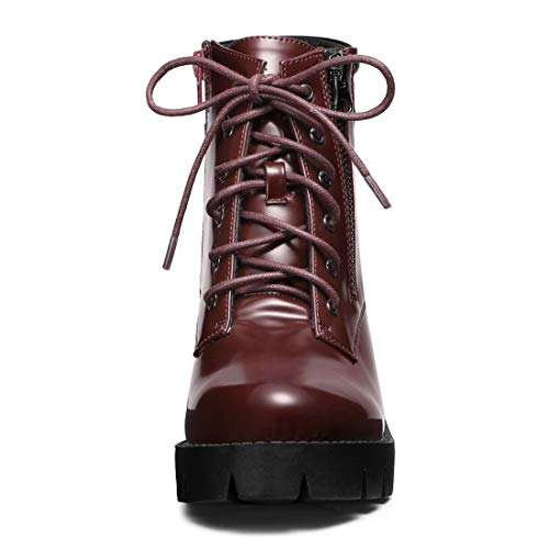 Allegra K Allegra K Women's Round Toe Chunky Heel Lace Up Zipper Burgundy Combat Boots 7 M US