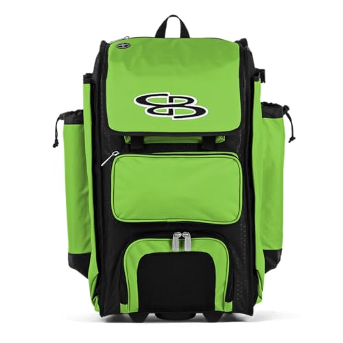 Boombah Rolling Catcher's Superpack Baseball/Softball Gear Bag - 23-1/2" x 13-1/2" x 9-1/2" - Black/Lime Green - Telescopic Handle - Holds 4 Bats - Wheeled Version