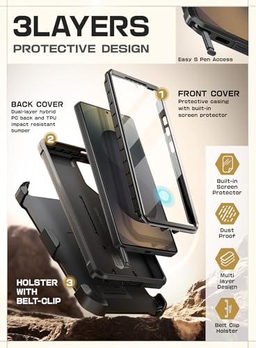Image of SUPCASE for Samsung Galaxy S25 Ultra Case with Stand (Unicorn Beetle Pro), [2 Front Frames] [Built-in Screen Protector & Belt-Clip] Military-Grade Protection Phone Case for S25 Ultra 6.9 Inch, Black
