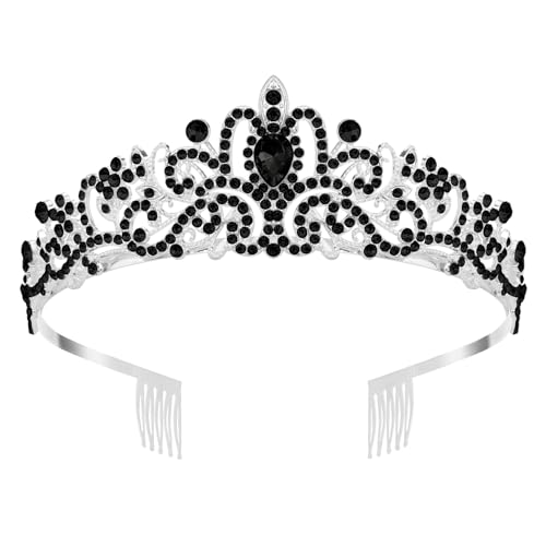 XZtimes Black Crown for Women, Metal Tiara Headband, Rhinestone Crystal, Birthday Wedding Prom, Queen Princess Accessories, Black Silver Headpiece Gifts
