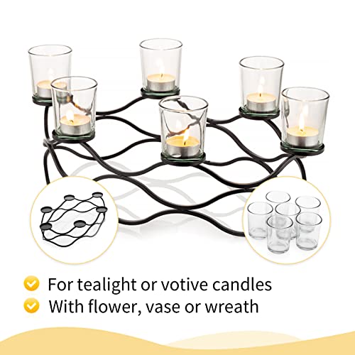 Romadedi Tealight Candle Holders Table Centrepiece - 6 Cups Glass Candelabra Black Metal Votive Tea Light Living Room Coffee Table Dining Fireplace Home Christmas Decor #TOP6