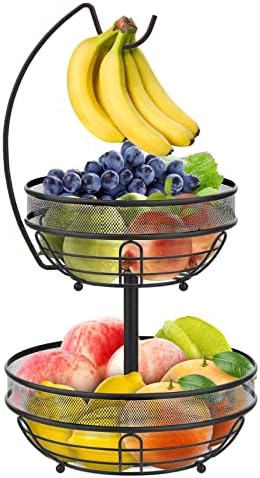 Fruit Basket, 2 Tier Fruit Bowl with Banana Hanger for Kitchen Counter, Metal Detachable Fruit Racks Storage Holder Keeps Fruits and Vegs Fresh (Black)
