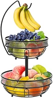 Fruit Basket, 2 Tier Fruit Bowl with Banana Hanger for Kitchen Counter, Metal Detachable Fruit Racks Storage Holder Keeps Fruits and Vegs Fresh (Black)