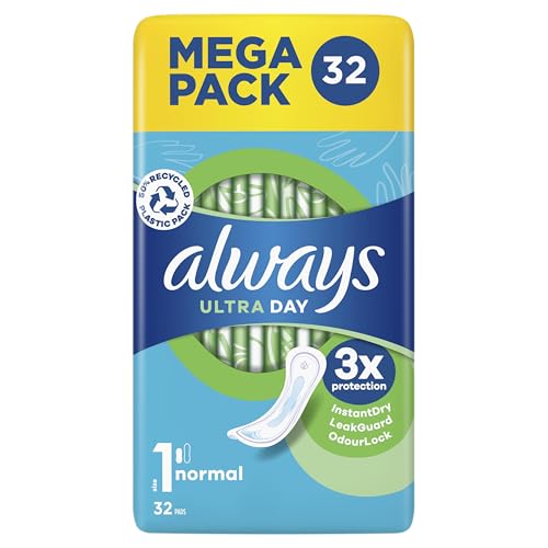 Always Toallas sanitarias ultra normales (tamaño 1) x 32 almohadillas, superabsorbentes y ultrafinas, para períodos menstruales