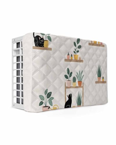 Indoor Air Conditioner Covers for Window Units,Japanese Waterproof AC Cover for Inside with Drawstring,Farmhouse Cartoon Cats Green Vegetation Plants Double-Layer Insulation AC Cover 17x13x3.5in