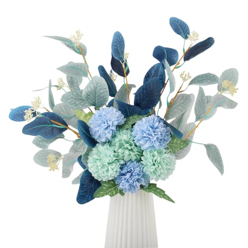 SJUNJIE Hortensias Artificiels Hortensias Bleu Eucalyptus Artificiel
