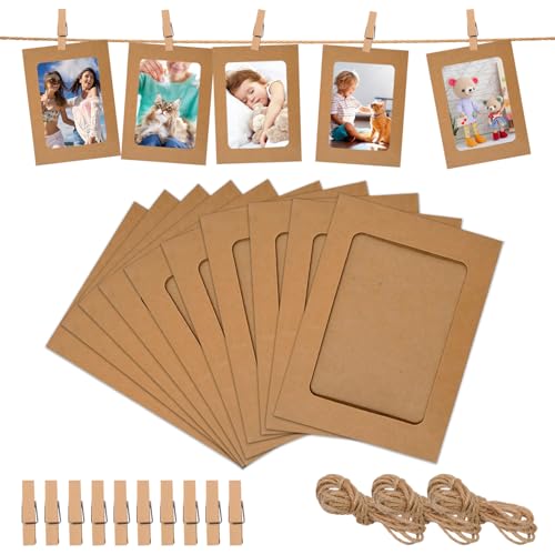 FORYNXHWIN 30 guirnaldas de fotos, cuerda de fotos con pinzas, marco de papel de estraza de 11,5 x 15,5 cm, decoración de pared, marco de fotos de cartón para decoración de cumpleaños, bodas y fiestas