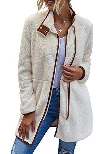 ReachMe Womens Long Zip Up Sherpa Jacket with Pockets Stand Collar Fuzzy Fleece Jacket Winter Fluffy Coat(Beige,M)